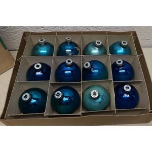 Vintage Shiny Brite Ornaments Blue Green - Christmas Deco - 12 w Box and Hangers